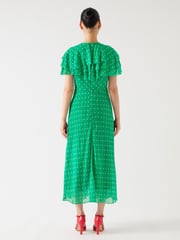 LK Bennett Green Petite Ellen Jelly Bean & Birch Viscose Polka Dot Print Frill Collar Dress - Image 2 of 3