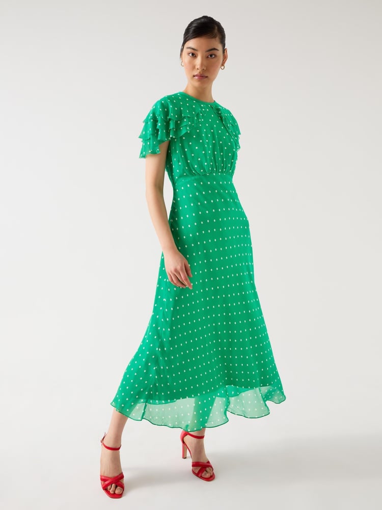 LK Bennett Green Petite Ellen Jelly Bean & Birch Viscose Polka Dot Print Frill Collar Dress - Image 3 of 3