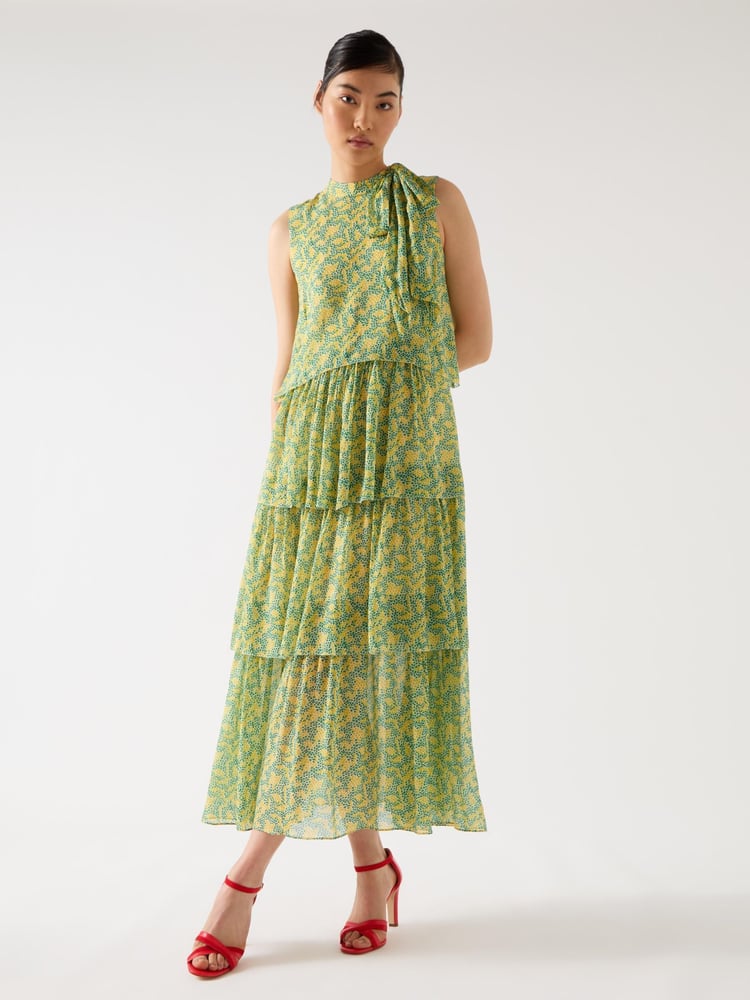 LK Bennett Yellow Petite Kristin Italian Straw Multi Viscose Blossom Print Tiered Georgette Dress - Image 1 of 4