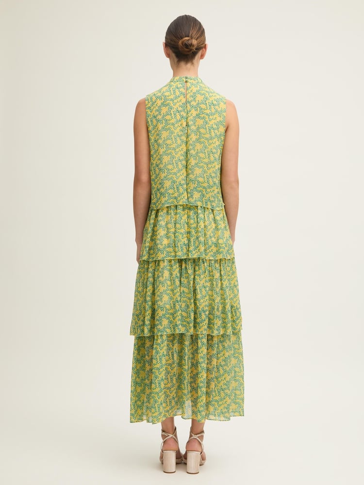 LK Bennett Yellow Petite Kristin Italian Straw Multi Viscose Blossom Print Tiered Georgette Dress - Image 2 of 4