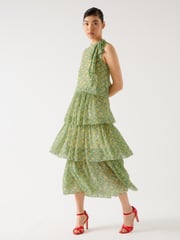LK Bennett Yellow Petite Kristin Italian Straw Multi Viscose Blossom Print Tiered Georgette Dress - Image 3 of 4