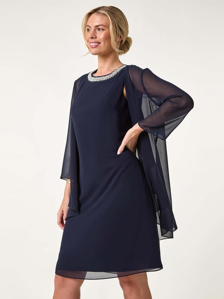 Roman Blue Petite 2 in 1 Neck Trim Shift Dress - Image 1 of 4