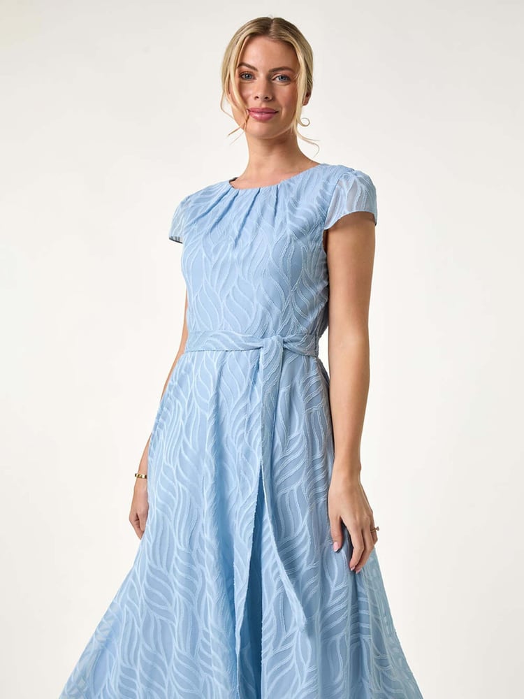 Roman Blue Petite Gathered Neck Jacquard Dress - Image 1 of 5