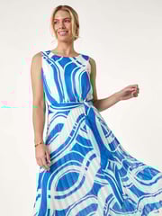 Roman Blue Petite Print Tie Waist Pleated Dress - Image 1 of 5