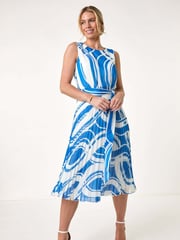 Roman Blue Petite Print Tie Waist Pleated Dress - Image 2 of 5