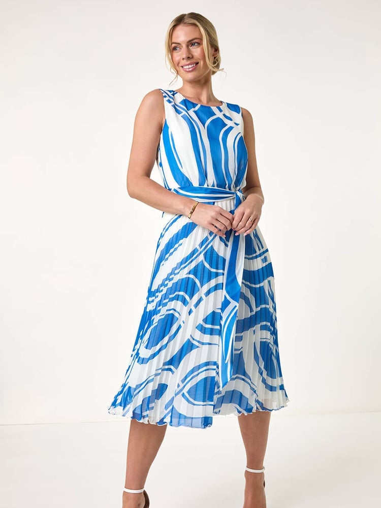 Roman Blue Petite Print Tie Waist Pleated Dress - Image 2 of 5