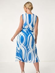 Roman Blue Petite Print Tie Waist Pleated Dress - Image 3 of 5