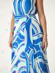 Roman Blue Petite Print Tie Waist Pleated Dress - Image 5 of 5