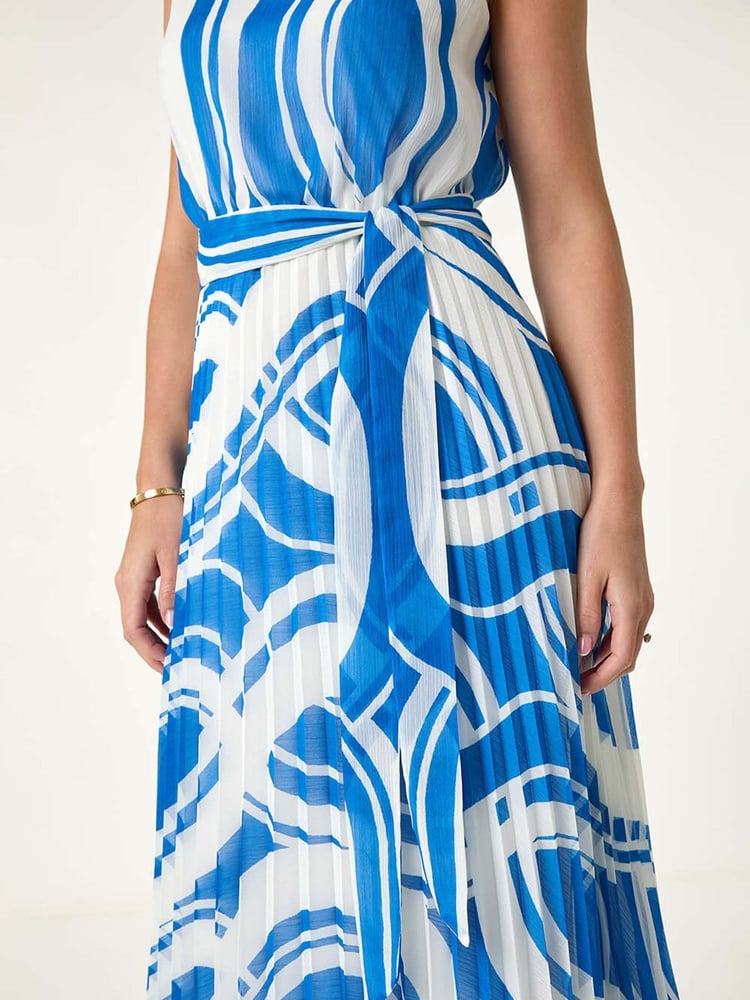 Roman Blue Petite Print Tie Waist Pleated Dress - Image 5 of 5