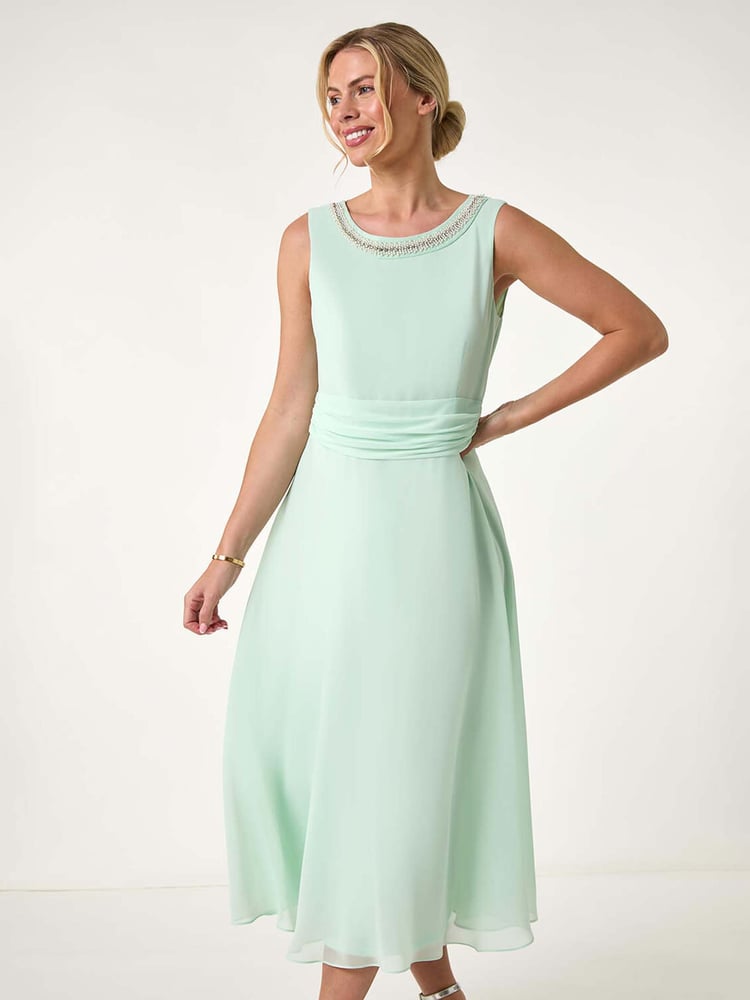 Roman Green Petite Trim Detail Ruched Midi Dress - Image 2 of 5