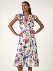 Roman White Floral Print Frill Wrap Midi Dress - Image 1 of 5