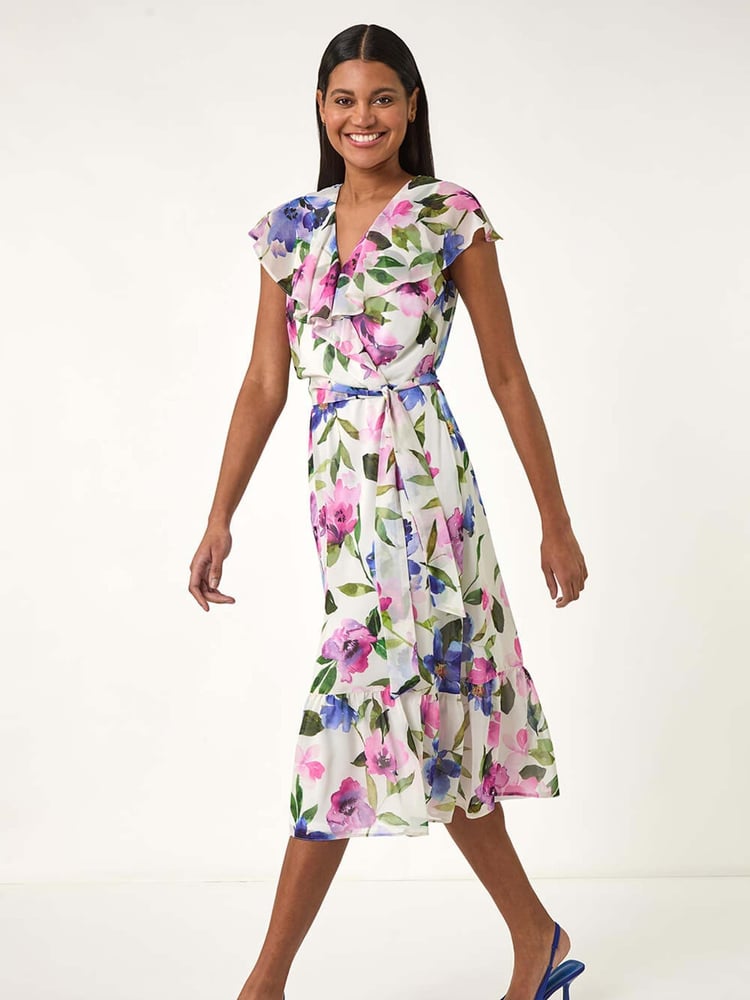 Roman White Floral Print Frill Wrap Midi Dress - Image 2 of 5