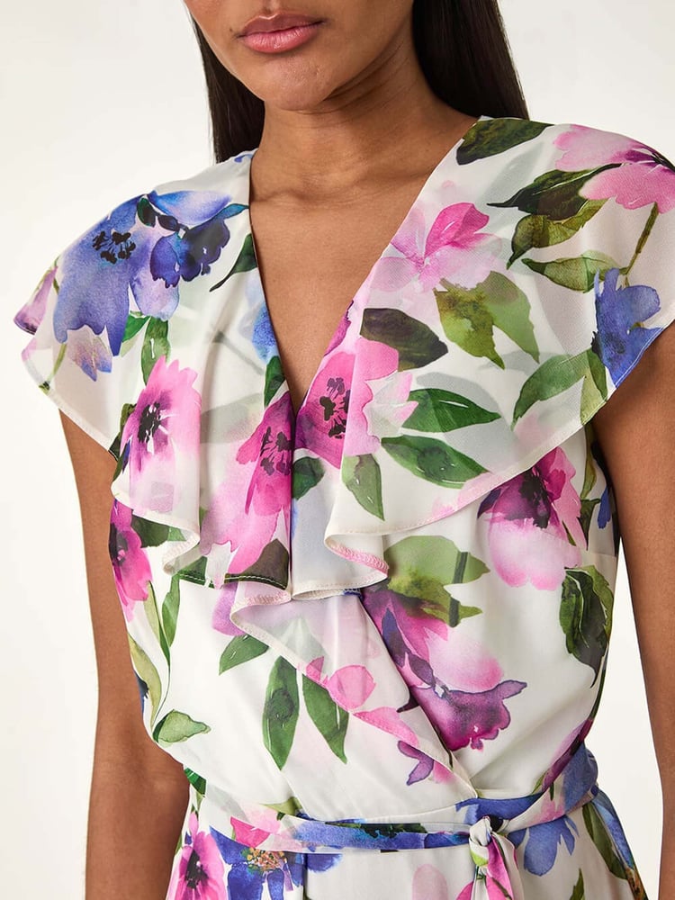 Roman White Floral Print Frill Wrap Midi Dress - Image 5 of 5