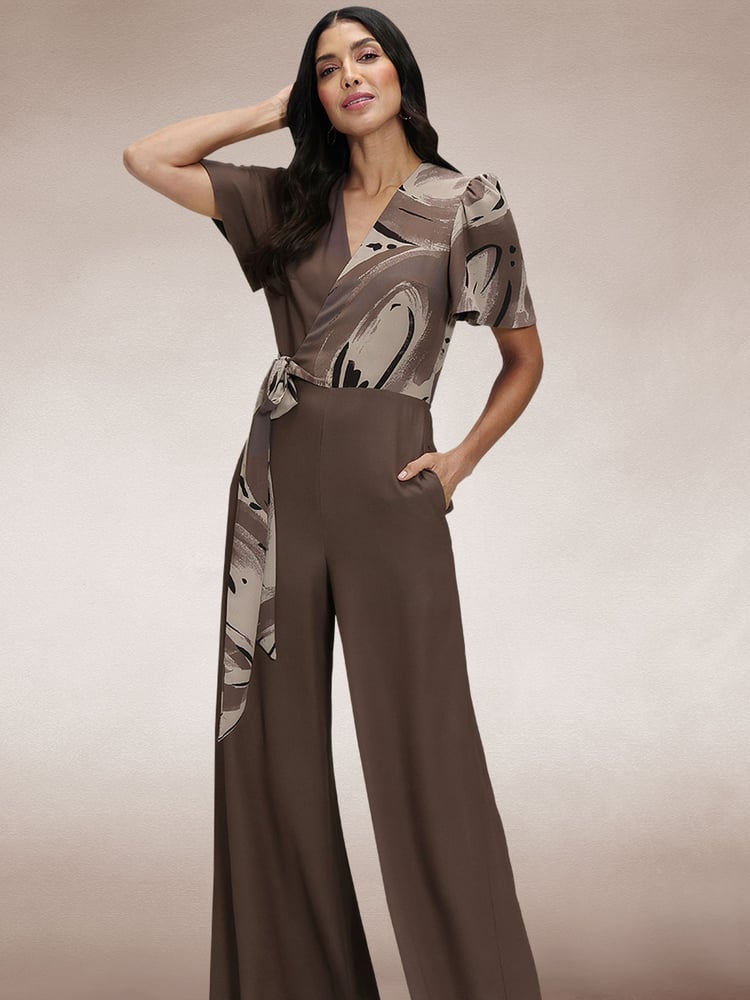 Hot Squash Brown Overwrap Print Jumpsuit - Image 1 of 7