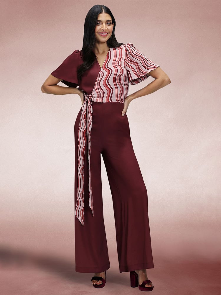 Hot Squash Red Overwrap Print Jumpsuit - Image 2 of 6