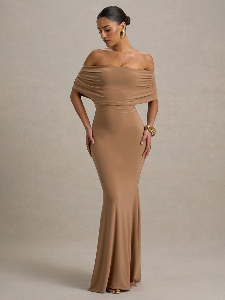 Club L London Brown Bowden Bardot Maxi Dress - Image 1 of 5