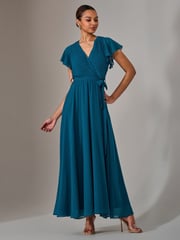 Jolie Moi Blue Chiffon Flutter Sleeve Maxi Dress - Image 1 of 6
