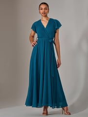 Jolie Moi Blue Chiffon Flutter Sleeve Maxi Dress - Image 2 of 6
