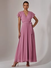Jolie Moi Pink Chiffon Flutter Sleeve Maxi Dress - Image 1 of 6