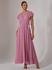 Jolie Moi Pink Chiffon Flutter Sleeve Maxi Dress - Image 2 of 6