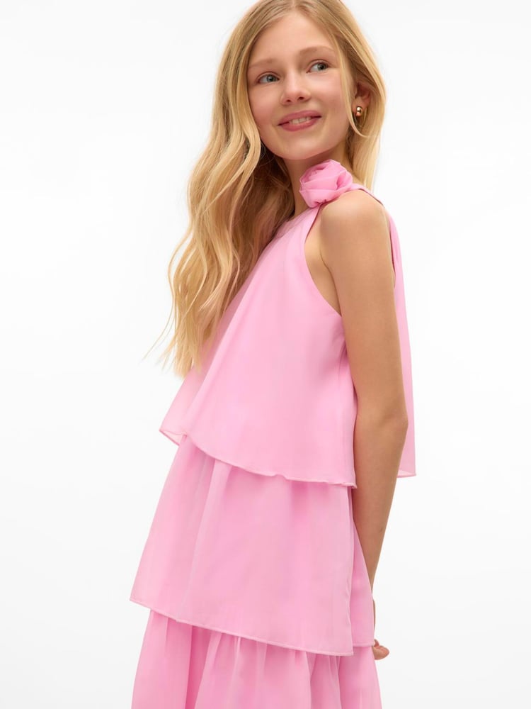 VERO MODA Pink Girls Tiered Ruffle Dress With Rose Corsage Detail - Image 2 of 5