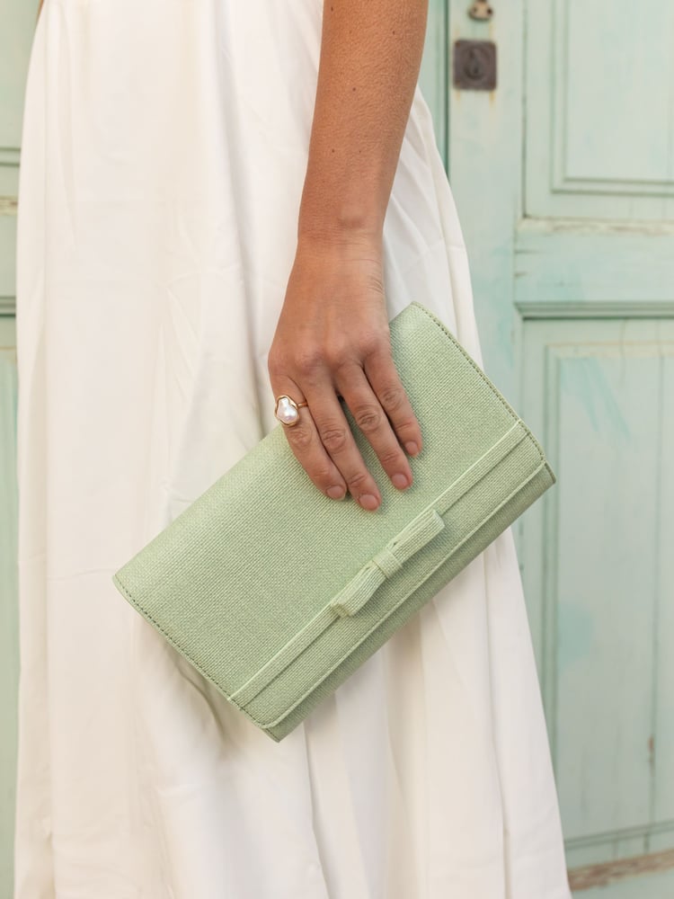 Novo Green Arizona Bow Detail Clutch Bag - Image 1 of 5 Novo Green Arizona Bow Detail Clutch Bag - Image 1 of 5
