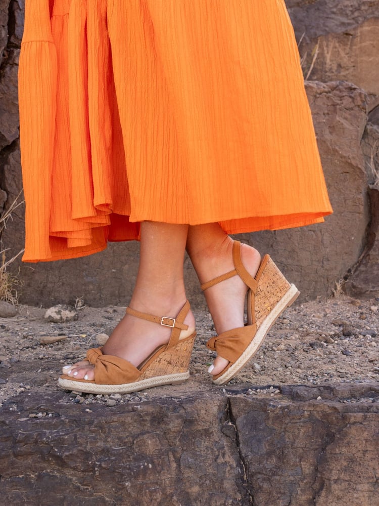 Novo Brown Wide Fit Bloom Knot Cork Wedge Sandals - Image 1 of 6 Novo Brown Wide Fit Bloom Knot Cork Wedge Sandals - Image 1 of 6