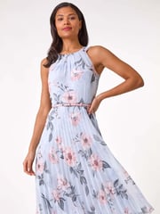 Roman Grey Floral Pleated Halter Midi Dress - Image 1 of 5