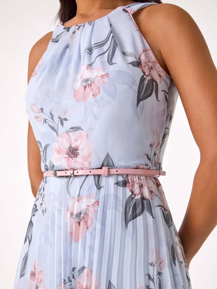 Roman Grey Floral Pleated Halter Midi Dress - Image 5 of 5