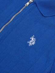 U.S. Polo Assn. Blue Boys Stripe Textured Zip 100% Cotton Polo Shirt - Image 7 of 7