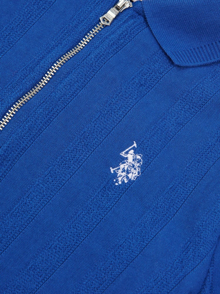 U.S. Polo Assn. Blue Boys Stripe Textured Zip 100% Cotton Polo Shirt - Image 7 of 7