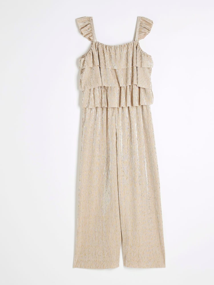River Island Gold Girls Gold Plisse Ruffle Jumpsuit - Image 1 of 4
