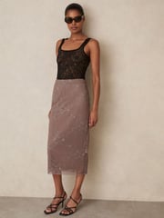 Reiss Taupe Brown Rita Lace Pencil Skirt - Image 1 of 6