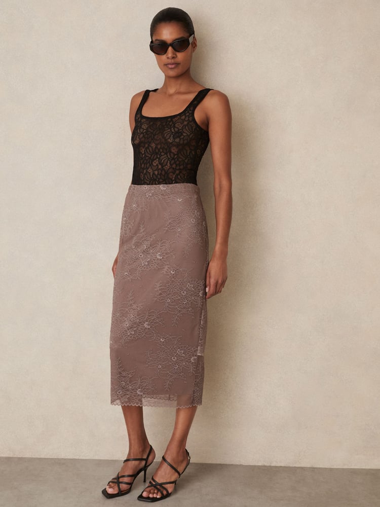 Reiss Taupe Brown Rita Lace Pencil Skirt - Image 1 of 6