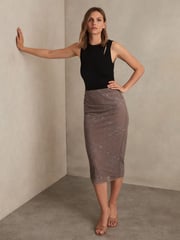 Reiss Taupe Brown Rita Lace Pencil Skirt - Image 3 of 6