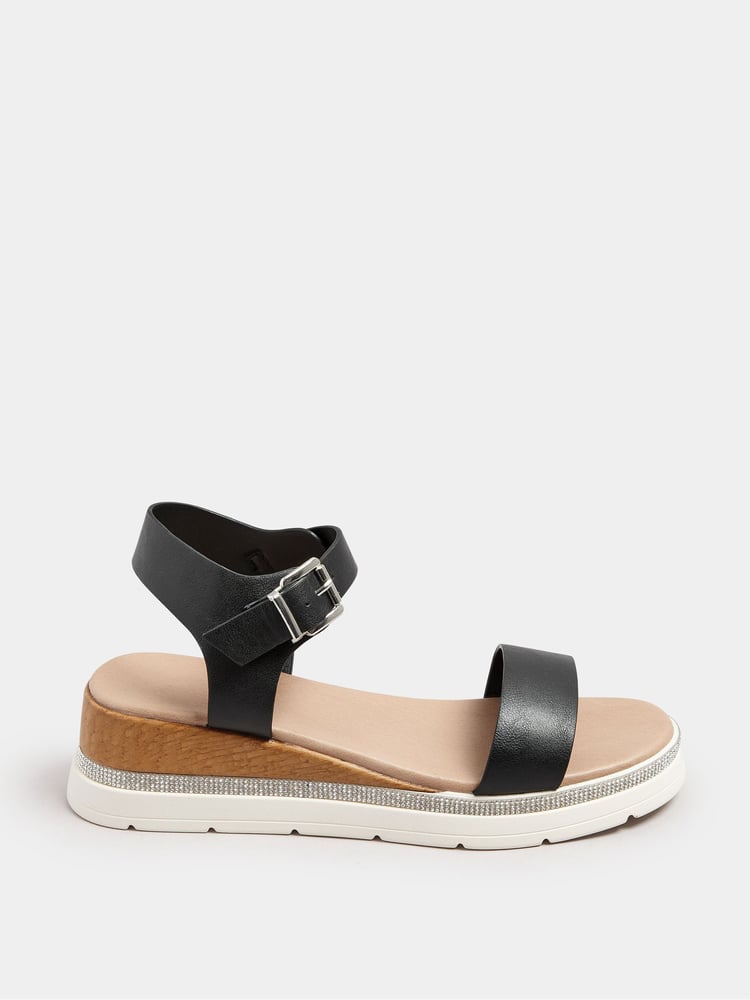 Yours Curve Black Extra Wide Fit Wide Fit Flatform Gem Sandals - Image 1 of 4