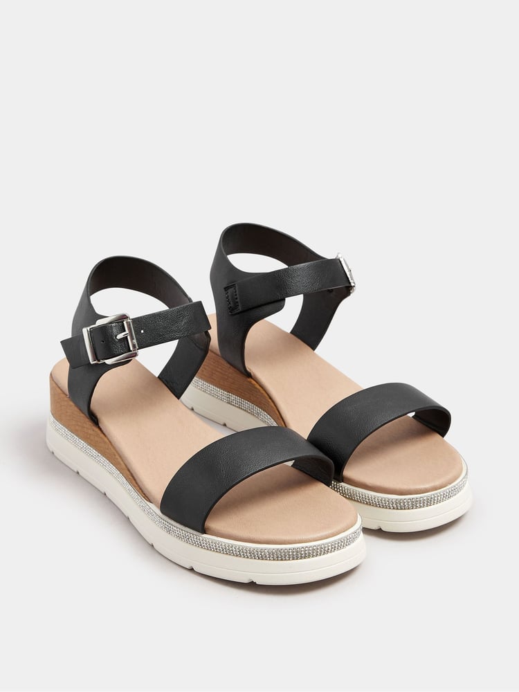 Yours Curve Black Extra Wide Fit Wide Fit Flatform Gem Sandals - Image 2 of 4