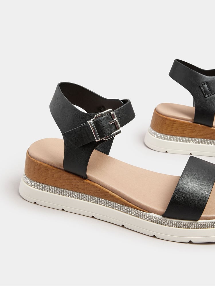 Yours Curve Black Extra Wide Fit Wide Fit Flatform Gem Sandals - Image 4 of 4
