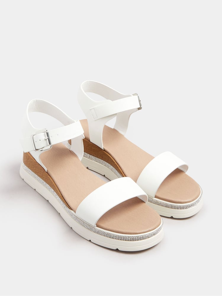 Yours Curve Chalk White Extra Wide Fit Wide Fit Flatform Gem Sandals - Image 1 of 4
