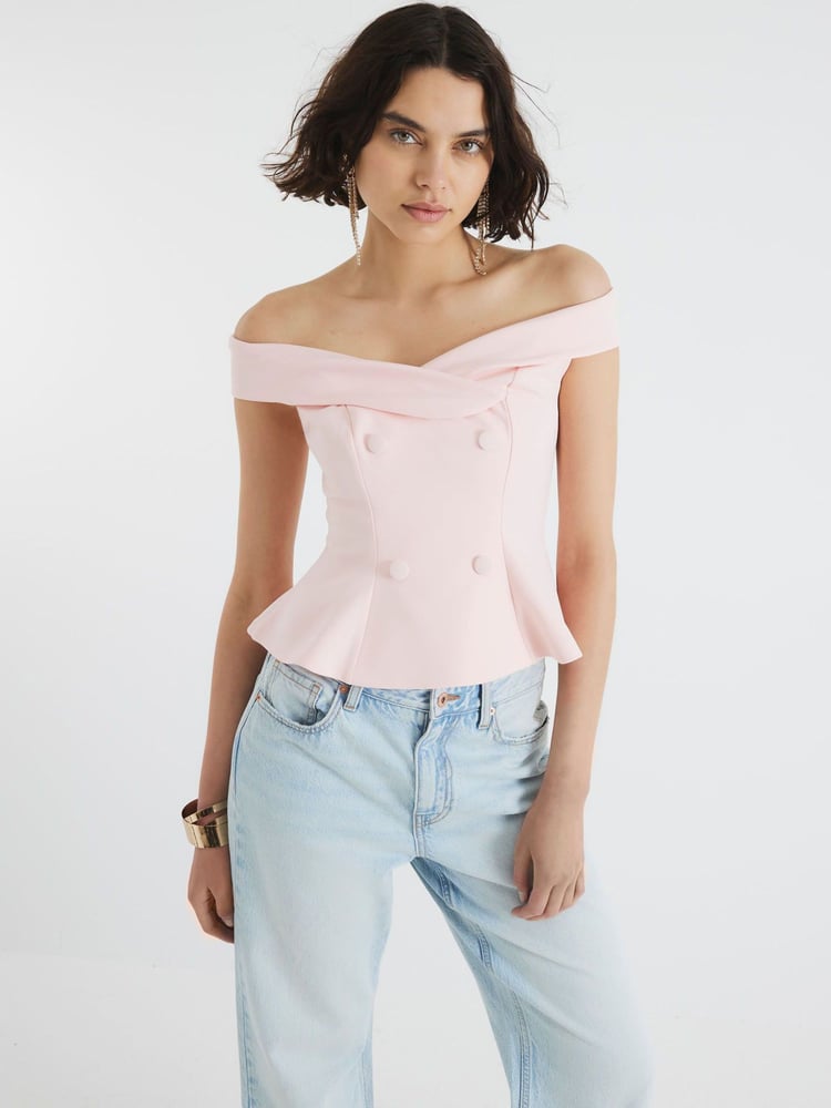 River Island Pink Double Breasted Bardot Top - Image 2 of 4