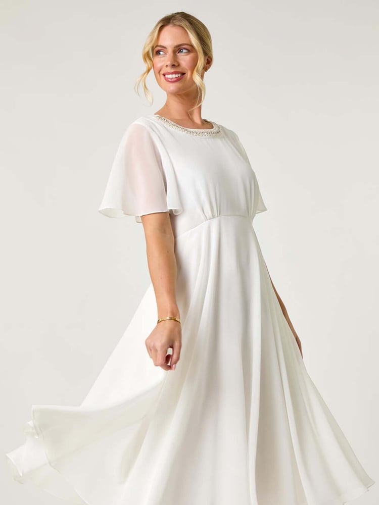 Roman White Petite Trim Neck Short Sleeve Dress - Image 1 of 5