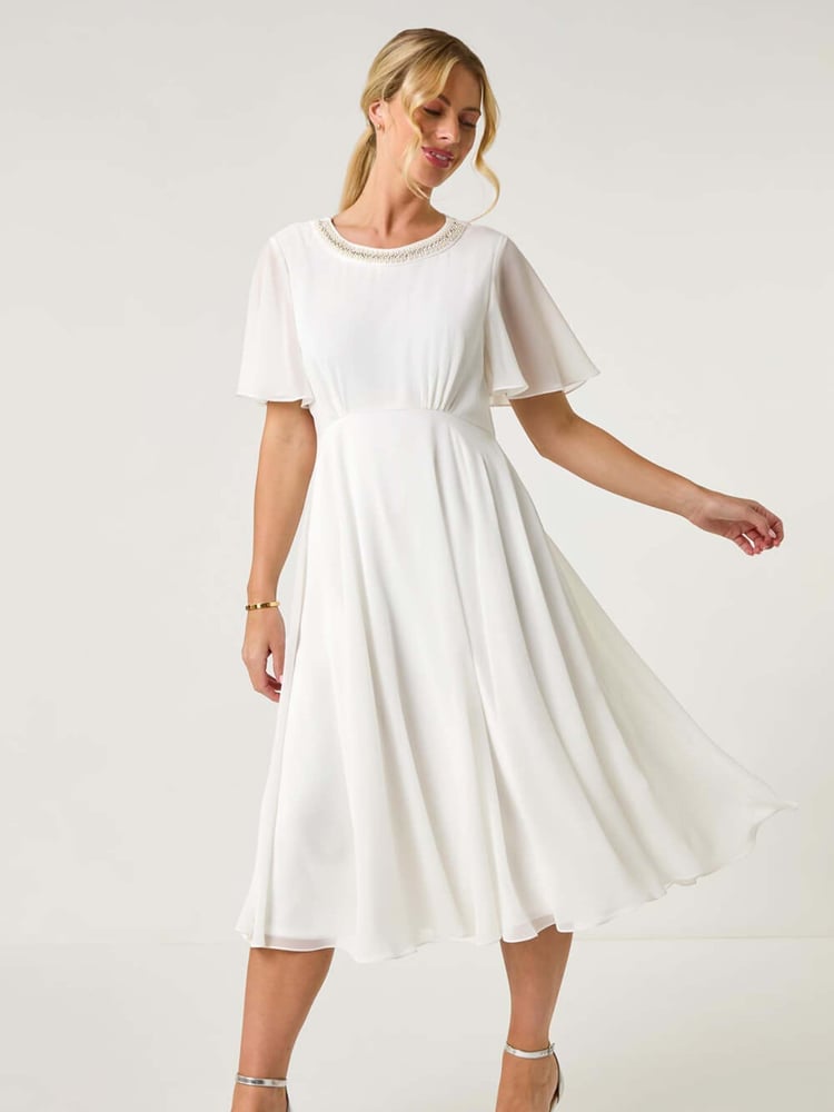 Roman White Petite Trim Neck Short Sleeve Dress - Image 2 of 5