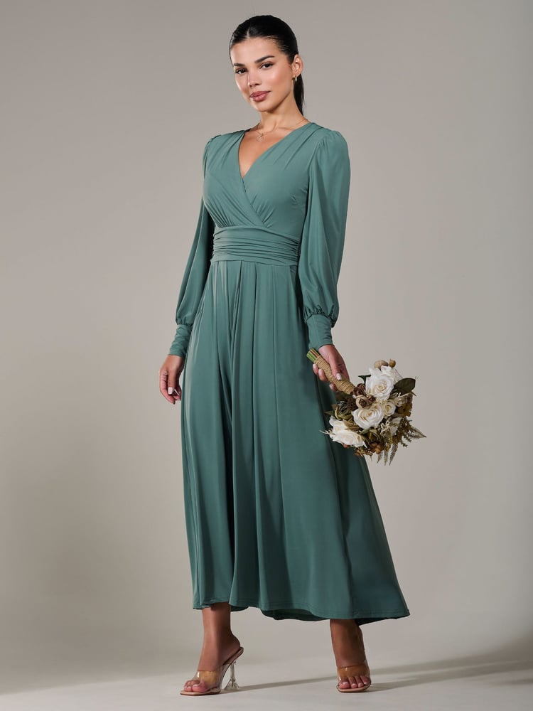Jolie Moi Green Petite Petite Long Sleeve Soft Silky Jersey Maxi Dress - Image 6 of 6