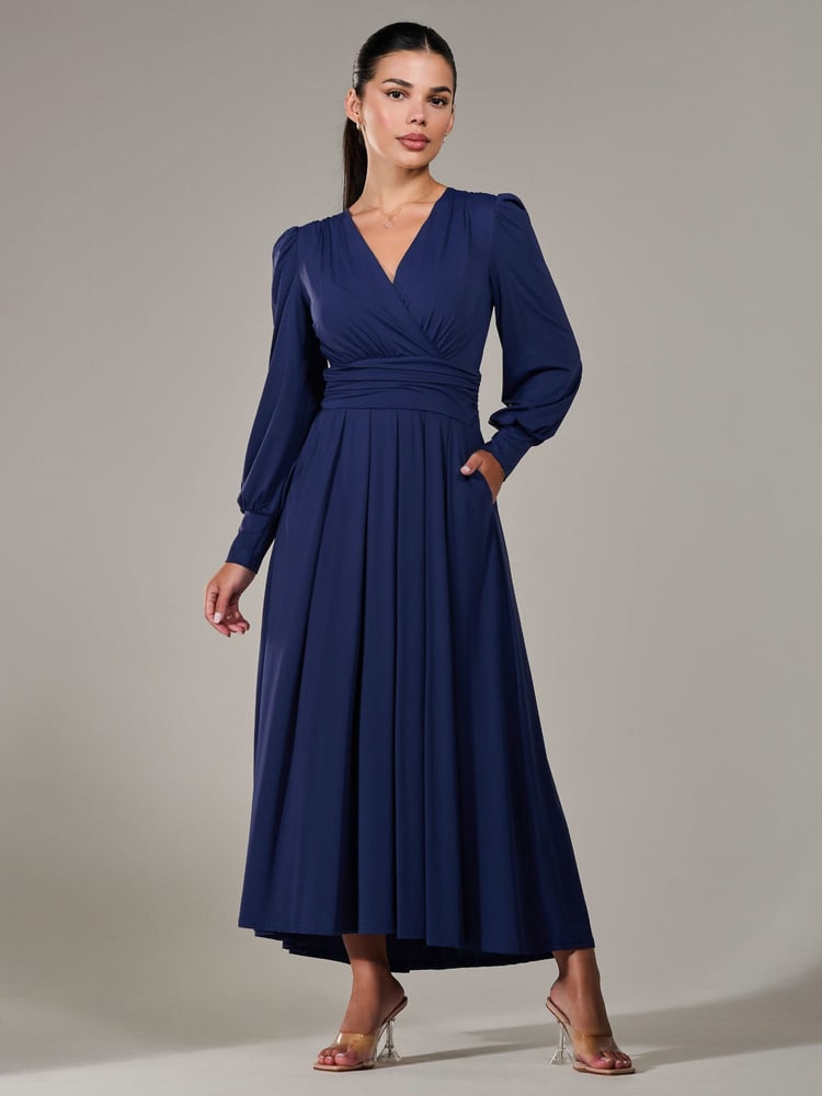Jolie Moi Blue Petite Petite Long Sleeve Soft Silky Jersey Maxi Dress - Image 1 of 6