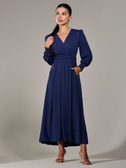 Jolie Moi Blue Petite Petite Long Sleeve Soft Silky Jersey Maxi Dress - Image 5 of 6