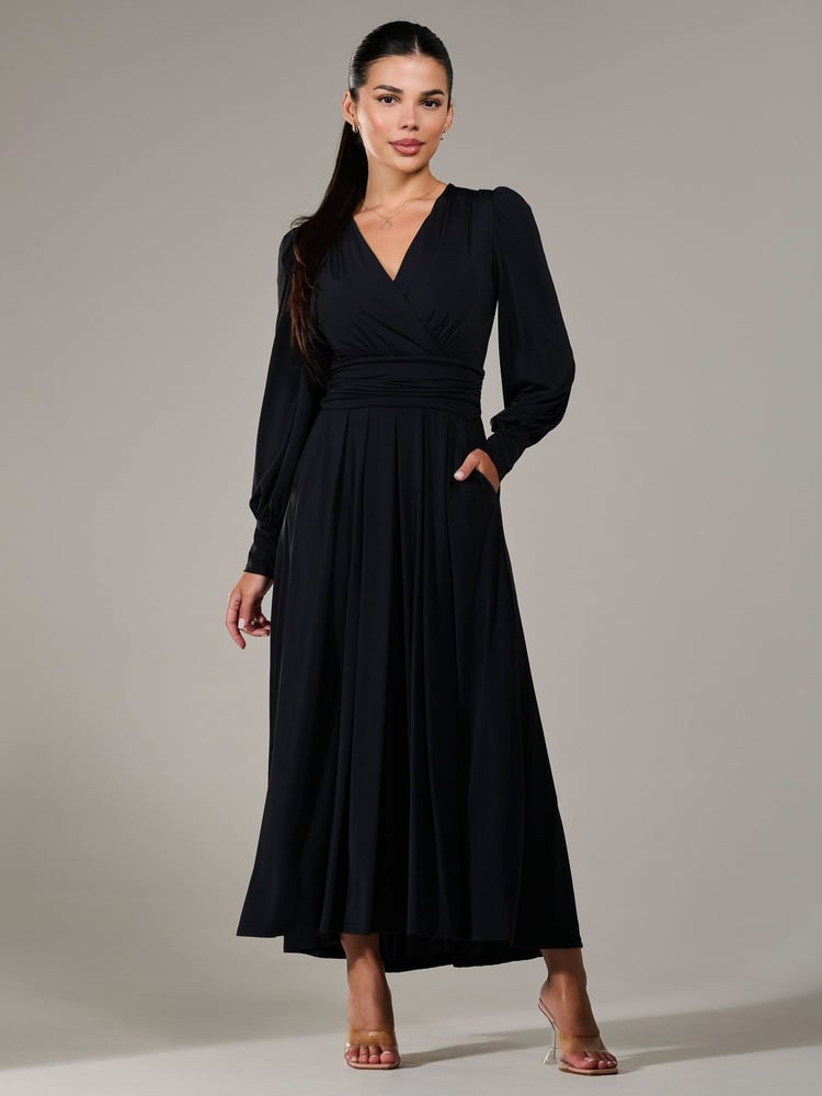 Jolie Moi Black Petite Petite Long Sleeve Soft Silky Jersey Maxi Dress - Image 1 of 6