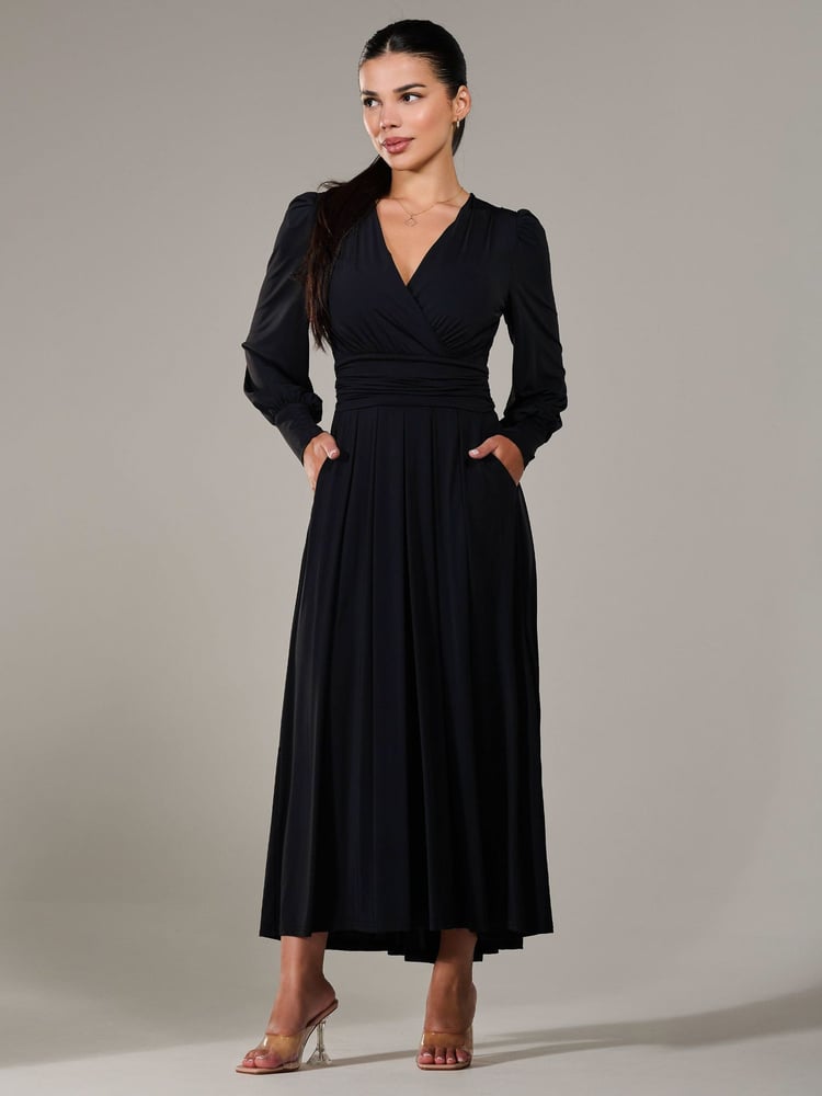 Jolie Moi Black Petite Petite Long Sleeve Soft Silky Jersey Maxi Dress - Image 6 of 6