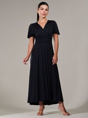 Jolie Moi Black Petite Short Sleeve Soft Silky Jersey Maxi Dress - Image 2 of 6