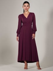 Jolie Moi Purple Petite Petite Long Sleeve Soft Silky Jersey Maxi Dress - Image 1 of 6