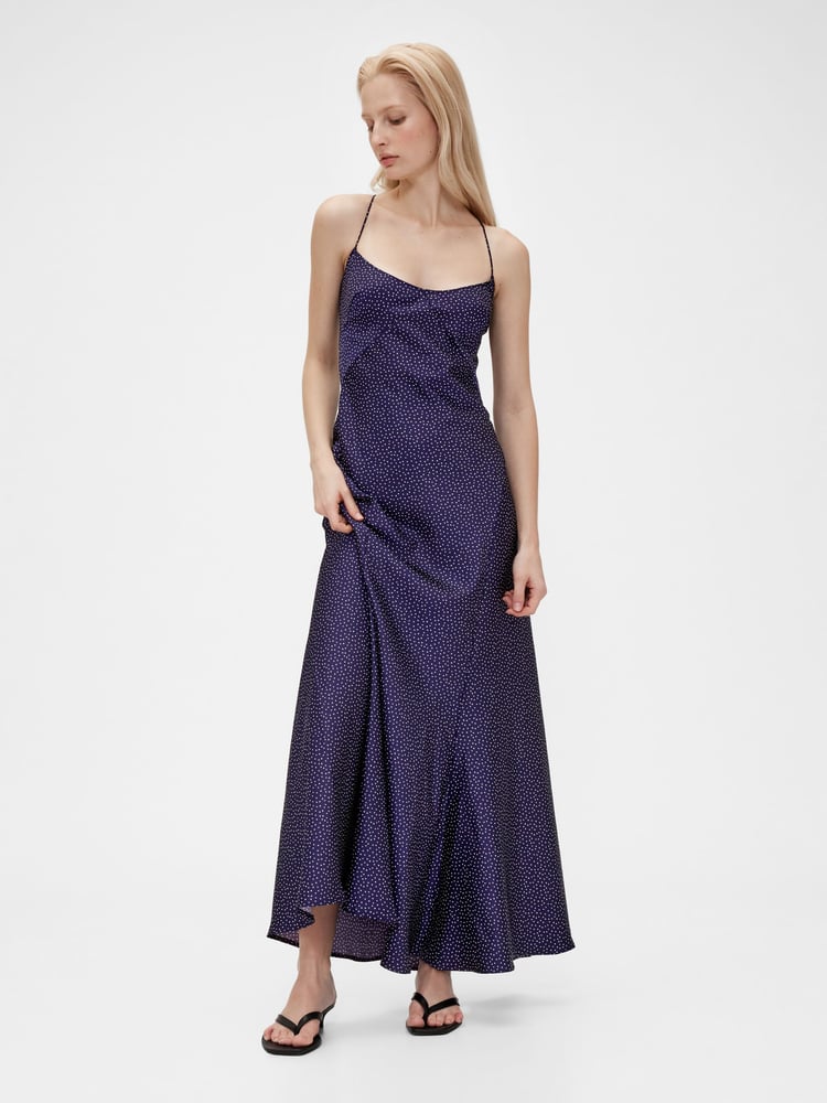 GapStudio Blue Dot Satin Slip Maxi Dress - Image 1 of 7